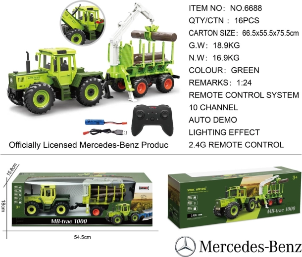 Green RC Mercedes-Benz Tractor with Log Trailer and Crane 1:24