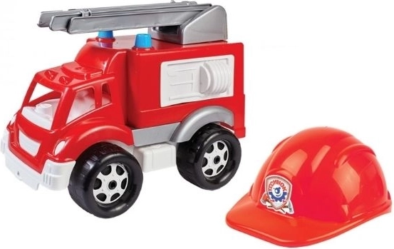 Fire truck with extendable ladder and helmet