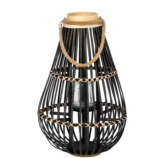 Drveni lampion sa staklenom uloškom, crni, 32 × 57 cm