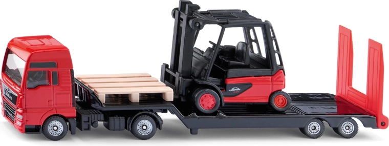 Siku MAN tractor unit with low-loader trailer and Linde forklift