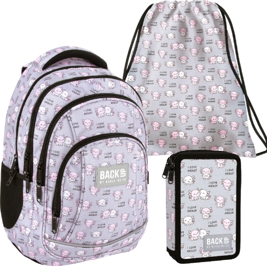 BackUP Axolot Love School Set 3-in-1 – backpack, filled pencil case and gym bag