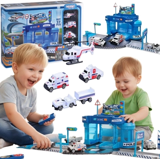 Woopie themed set airport police station with cars and helicopter, 37 pieces