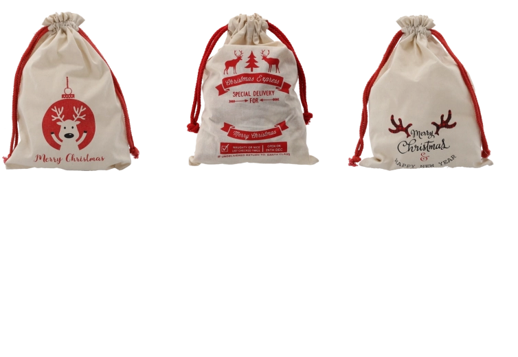 Božićna pamučna poklon vrećica 28 × 40 cm, prirodna, mix uzoraka (pakiranje 15 kom)