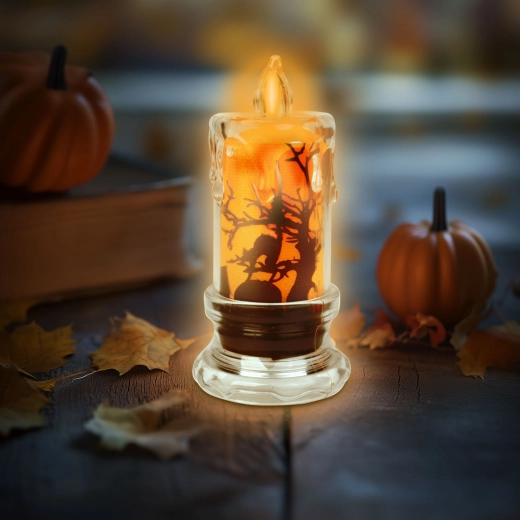Halloween LED candle with bat design and orange light