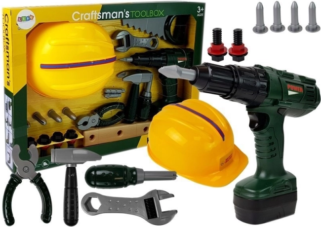 Dječji set alata s baterijskom bušilicom i kacigom