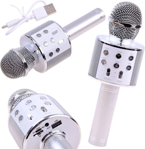 Bluetooth bežični karaoke mikrofon s ugrađenim zvučnikom – srebrna
