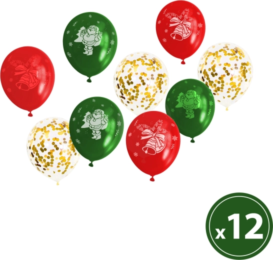 Set of Christmas balloons in red, green and gold, 12 pcs
