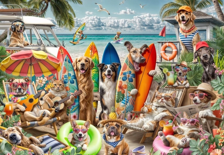 Puzzle Psi i mačke na plaži 1000 dijelova