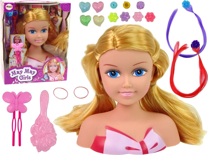 Głava za stiliziranje lutke s perlicama, ukosnicama i šarenim pramenovima