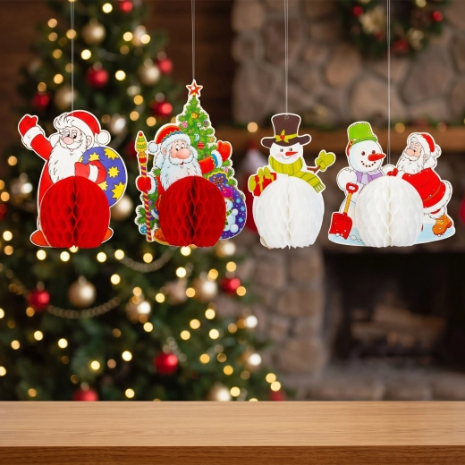 Christmas Paper Hanging Lanterns with Designs - Set of 4 Pieces