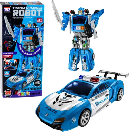Policijski robot 2u1 sa sportskim policijskim autom, svjetla, zvukovi i izbacivač projektila – 29 dijelova