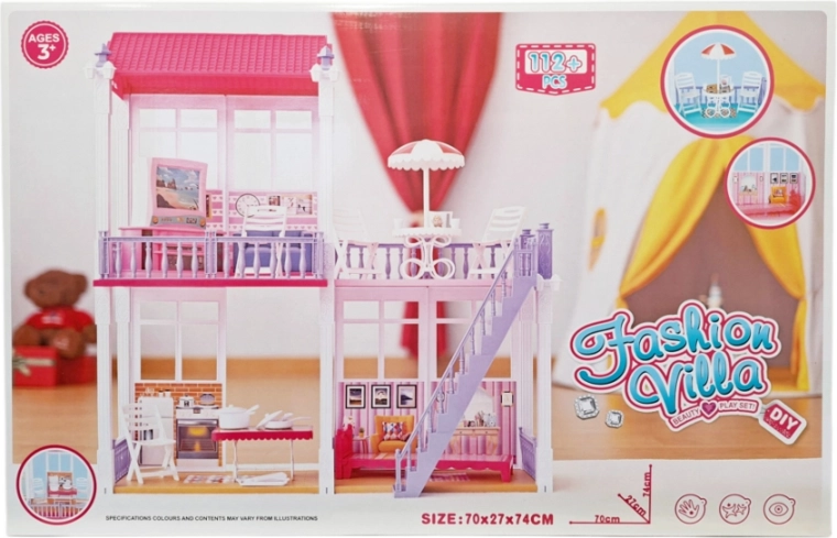Multi-storey dollhouse with furniture and accessories, 112 pieces