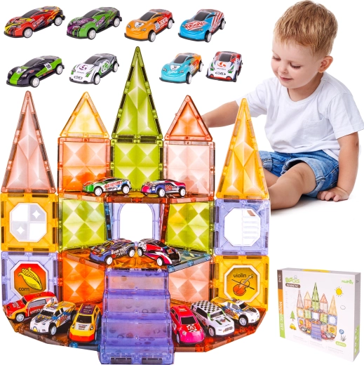Magnetic building set with toy cars, 62 pcs