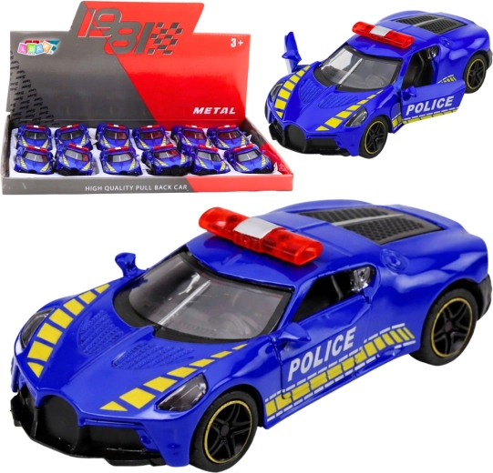 Metalni policijski sportski automobil 1:43 s pull-back pogonom i otvorivim vratima – plavi