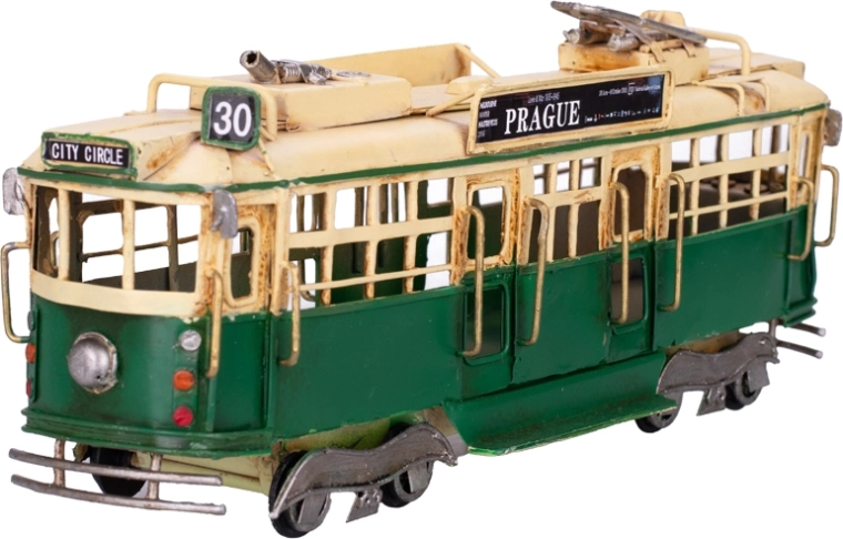 Metalni model tramvaja Prague – zelena vintage dekoracija s slobodnim hodom