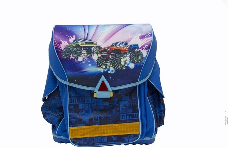 Elite ergonomic and extra-light blue school satchel with cars