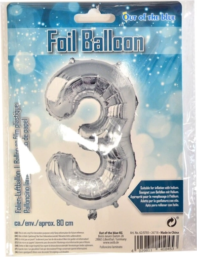 Srebrni folijski balon broj 3, 80 cm
