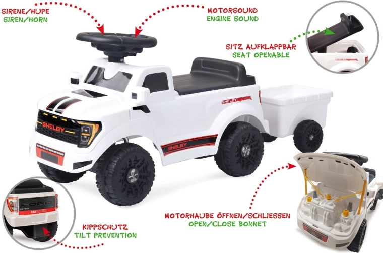 JAMARA Shelby Ford F-150 Raptor Ride-On Toy Car for Children with Trailer, White