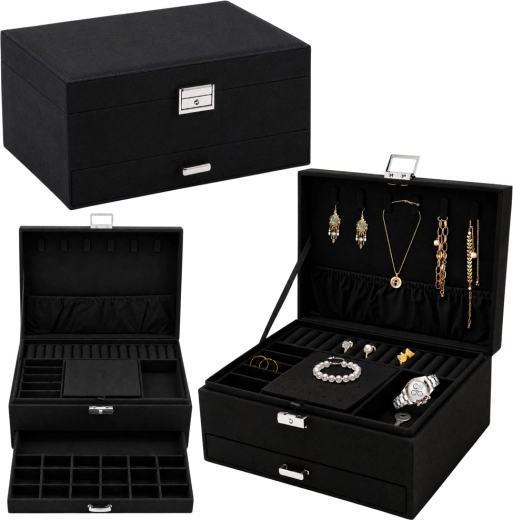 Black velvet jewelry box – jewelry organizer with drawer and key lock