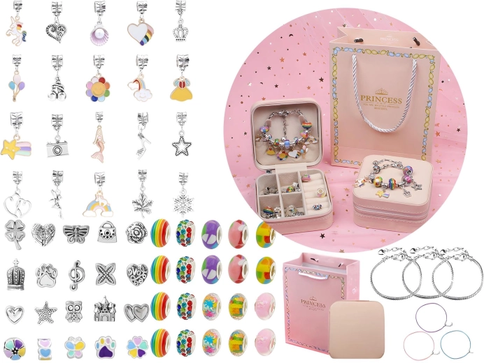 Jewelry and bracelet making set with charms and beads, rainbow mix with a case