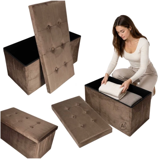 Sklopiva velur pufa s prostorom za pohranu 77 × 38 × 37 cm, smeđa