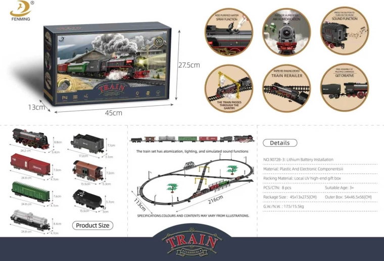 Retro train with smoke, sound and lights, 216 × 113 cm, with accessories