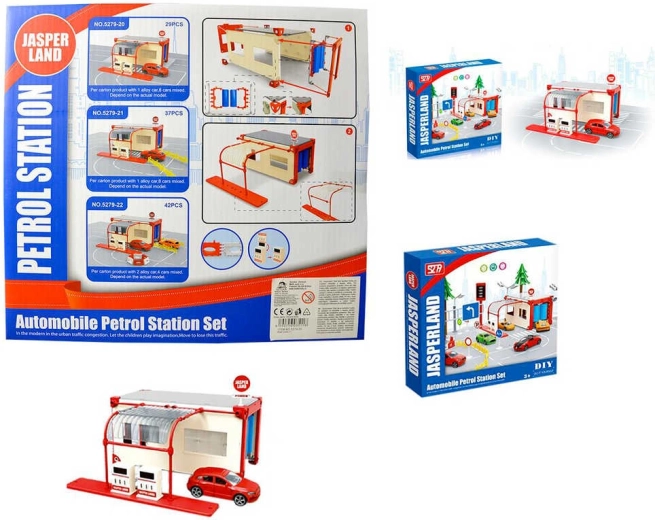 Gas station building set with a toy car, 29 pieces