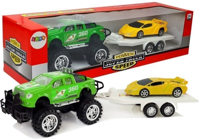 Set vozila - žuti sportski automobil, zeleni terenac s trenjnim pogonom