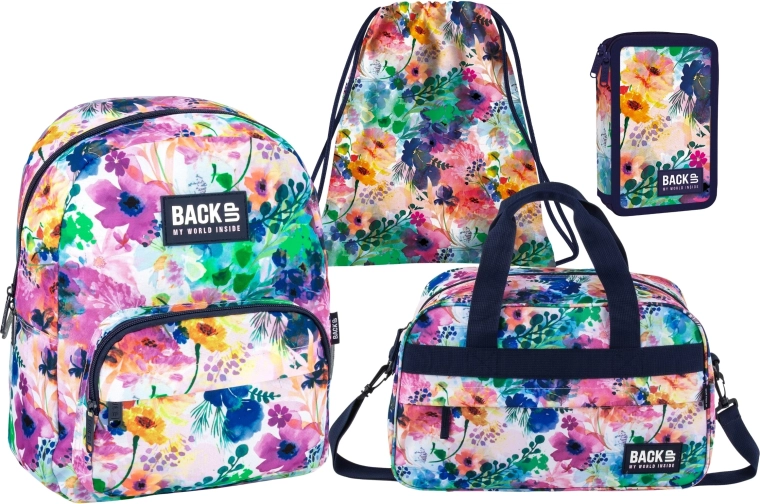 Povoljni školski set BackUP Spring Flowers 4u1 – ruksak, opremljena pernica, vreća i sportska torba