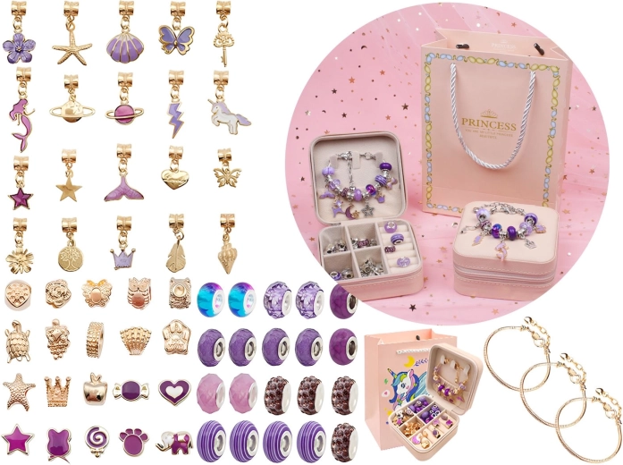 Jewelry and bracelet making set with beads and charms in shades of purple