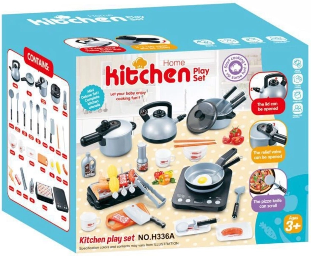 Dječji kuhinjski set s indukcijskim kuhalom i dodacima 36 dijelova, srebrni