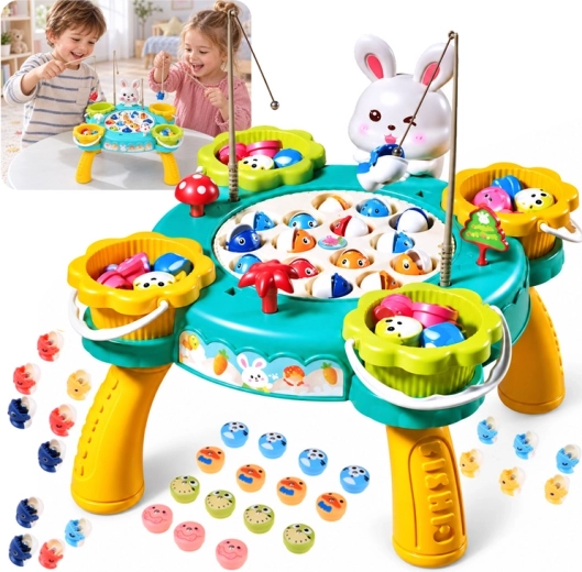 Magnetic fishing game with rotating pond and music