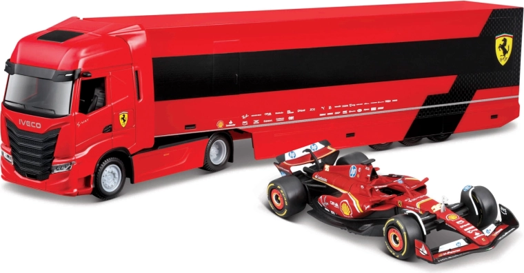 Bburago Ferrari trkaći tegljač Iveco s prikolicom i F1 Ferrari SF-24 2024 (Charles Leclerc) 1:43