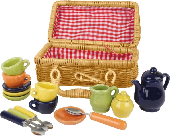 Small Foot Picnic Basket with Colorful Ceramic Tableware