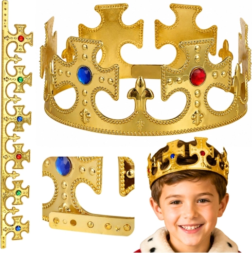 Podesiva zlatna kraljevska kruna s imitacijom dragulja (17–20 cm)