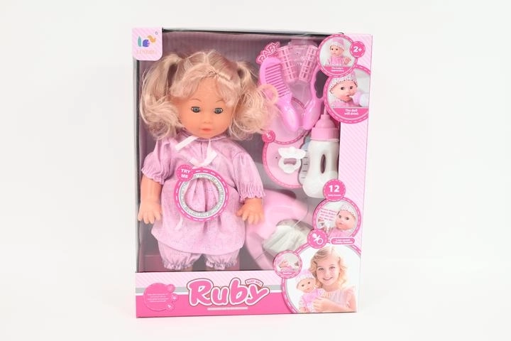 Interaktivna lutka Ruby 35 cm s dodacima, pije i piški, 12 zvukova