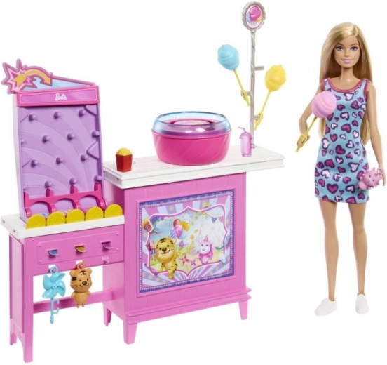 Barbie štand s cukranom vunom – igraći set s lutkom
