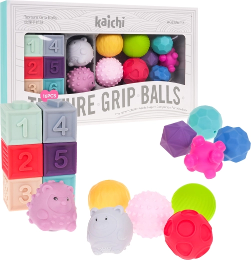 Senzorički set od pjene za djecu 6m+ – loptice, kocke i životinjice, 16 kom