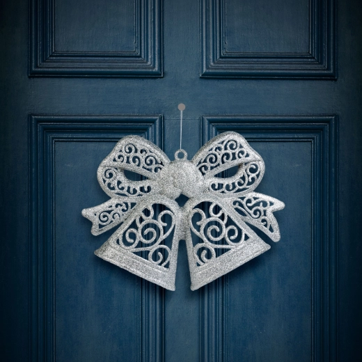 Christmas Hanging Bow, Silver, 35 cm