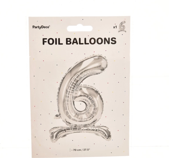 Stojeći folijski balon broj 6, srebrni, 70 cm