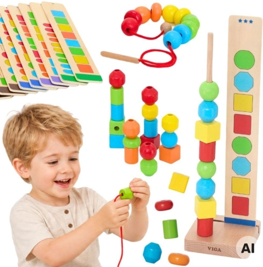 Viga wooden threading beads – patterns and sequences, 64 pieces