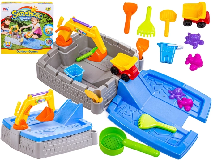 Children’s portable castle sandbox with excavator, pool and slide – accessory set