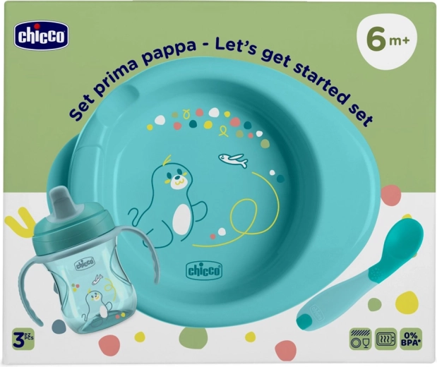 Chicco početni set za hranjenje – tanjur, trening šalica i žličica, plava 6 mj.+