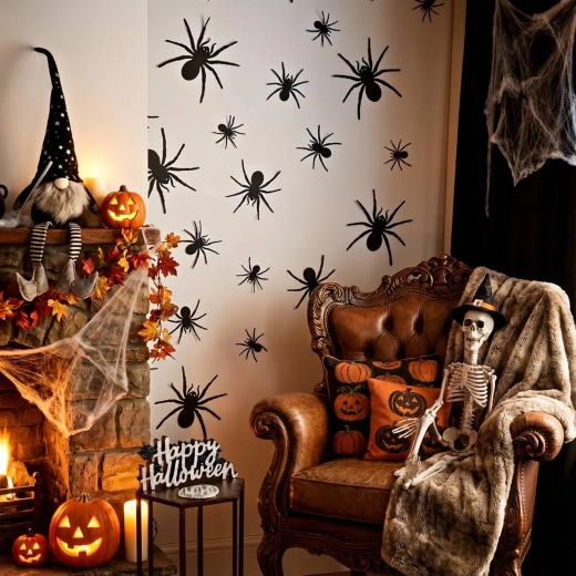 Halloween Self-Adhesive Spider Decorations, Black - 30 Pieces