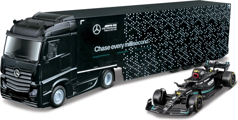 Bburago tegljač s prikolicom za prijevoz F1 i model Mercedes-AMG Petronas W15 (2024) George Russell 1:43