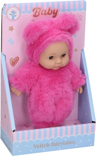 Baby doll in a dark pink basket 19 cm