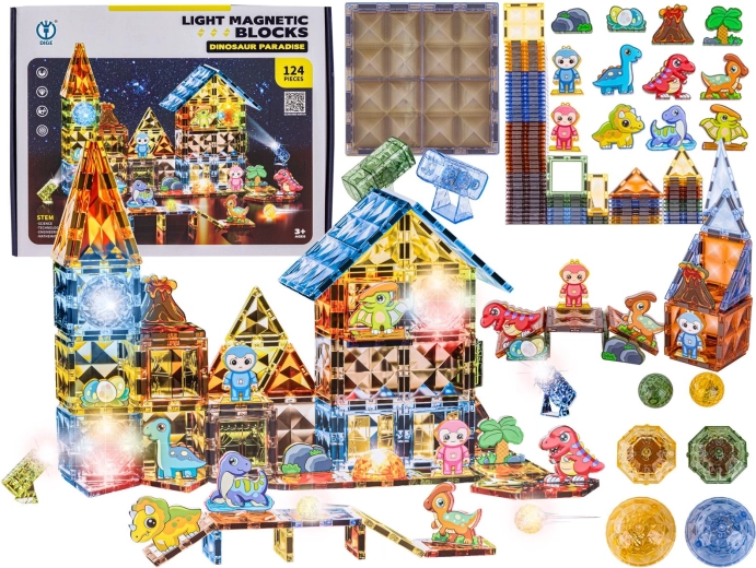 Magnetic building blocks dinosaur park with light-up elements (124 pieces)