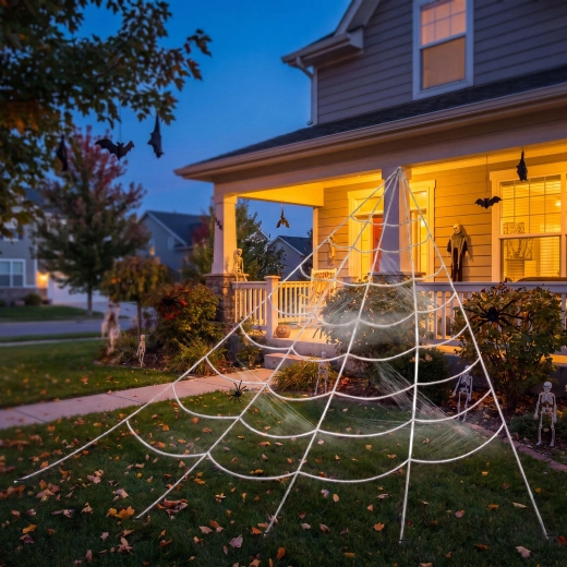 Halloween spider web made of white chenille 5 × 4.8 m with fastening stakes