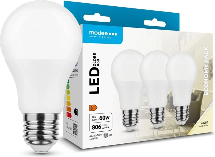 Modee LED žarulja Globe A60 8,5 W E27, 806 lm, neutralno bijela, pakiranje 3 kom