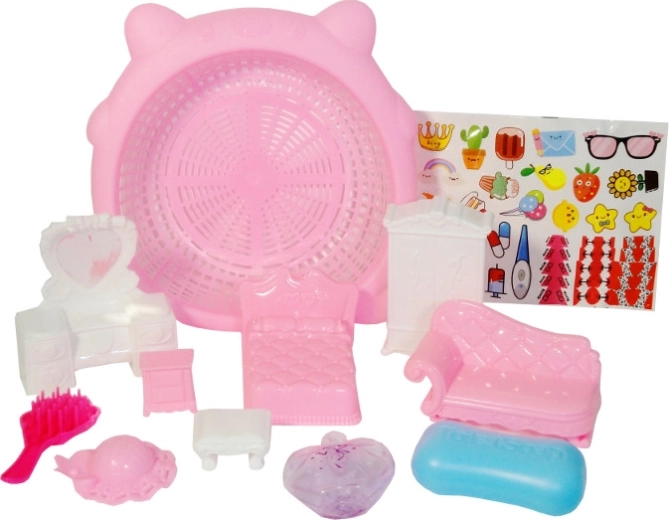 šareni set dječjeg namještaja s košarom i naljepnicama